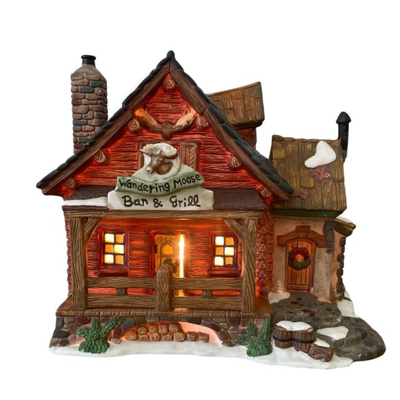 Vtg Santas Workbench Wandering Moose Bar & Grill Lighted Christmas Village 2000